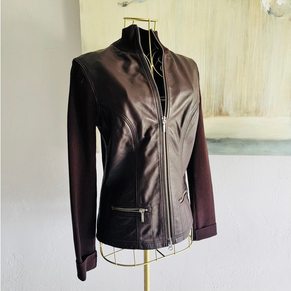 Boston Proper XS Genuine Leather Brown Mixed Media Moto Jacket Ribbed Knit